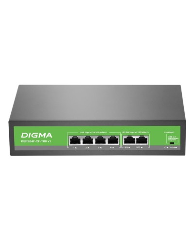 DSP204F-2F-T80 DSP204F-2F-T80 V1 (L2) 6х100Мбит/с 4PoE 4PoE+ 80W. Коммутатор с питанием по PoE. Digma в Евпатории