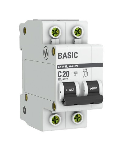 Автоматический выключатель 2P 20А (C) 4,5кА ВА 47-29 Basic (mcb4729-2-20C). Автоматический выключатель. EKF в Евпатории
