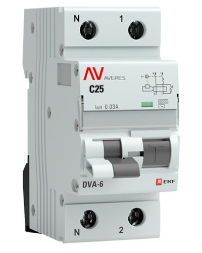 DVA-6 1P+N 25А (C) 30мА (AC) 6кА  AVERES (rcbo6-1pn-25C-30-ac-av). Автоматический выключатель дифференциального тока. EKF в Евпатории