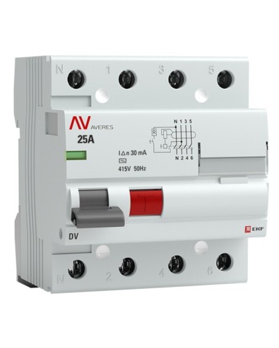 DV 4P 25А/ 30мА (AC)  AVERES (rccb-4-25-30-ac-av). Выключатели дифференциального тока (УЗО). EKF в Евпатории