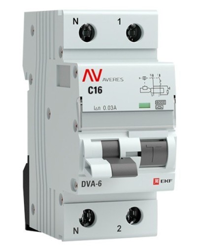DVA-6 1P+N 16А (C) 30мА (A) 6кА  AVERES (rcbo6-1pn-16C-30-a-av). Автоматический выключатель дифференциального тока. EKF в Евпатории