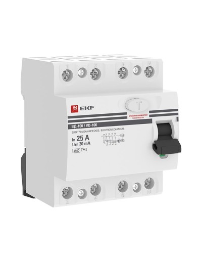 УЗО ВД-100 4P 25А 30мА тип AC эл-мех  PROxima (elcb-4-25-30-em-pro). Выключатель дифференциального тока (УЗО). EKF в Евпатории