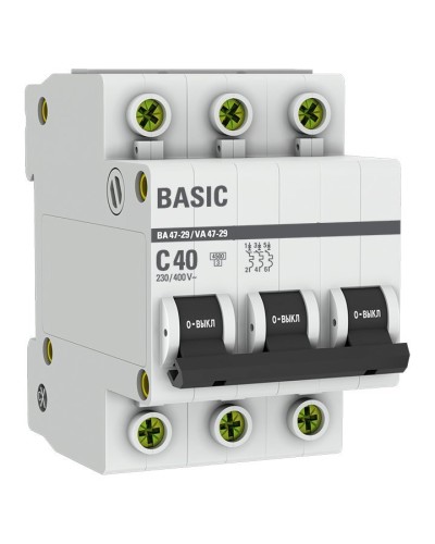 Автоматический выключатель 3P 40А (C) 4,5кА ВА 47-29 Basic (mcb4729-3-40C). Автоматический выключатель. EKF в Евпатории