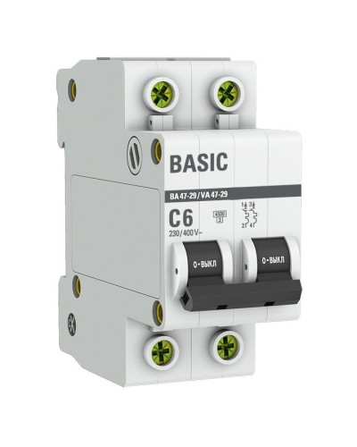 Автоматический выключатель 2P 6А (C) 4,5кА ВА 47-29 Basic (mcb4729-2-06C). Автоматический выключатель. EKF в Евпатории