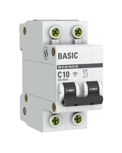 Автоматический выключатель 2P 10А (C) 4,5кА ВА 47-29 Basic (mcb4729-2-10C). Автоматический выключатель. EKF в Евпатории