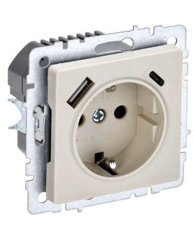 Розетка с з/к с USB A+C 18Вт РЮш11-1-БрКр бежевый BRITE (BR-R14-16-U22-018-K10). Розетка с заземлением с защитными шторками, 18Вт. IEK в Евпатории