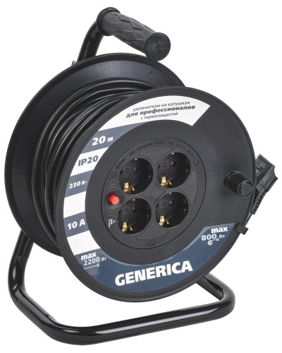УК20 4 места 2P+PE, 20м GENERICA (WKP10-10-04-20-G). Удлинитель на катушке с термозащитой, 3х1,0кв.мм. IEK в Евпатории