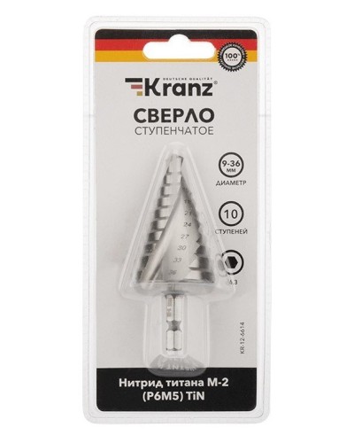 Сверло по металлу ступенчатое ТИТАН 9,0-36,0 мм 110 mm 65 HRC Р6М5 TiN Kranz (KR-12-6614): Сверло по металлу шлифованное в Евпатории