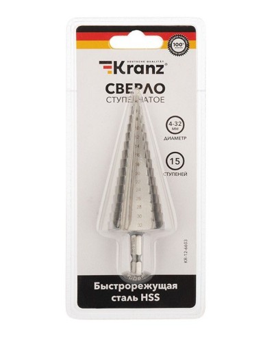 Сверло по металлу ступенчатое 4,0-32,0 мм 102 mm 62 HRC Kranz (KR-12-6603): Сверло по металлу шлифованное в Евпатории
